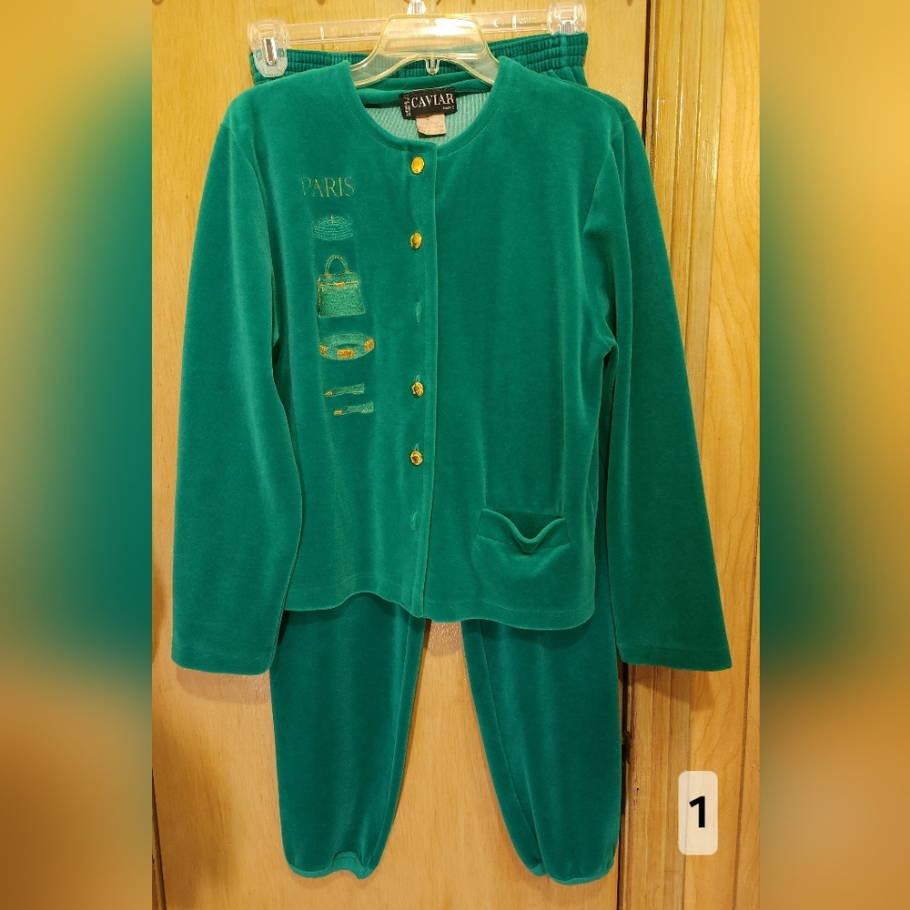 Vtg Caviar Paris Track Suit Womens Size 2 Green Velvet Velour Sweat Suit